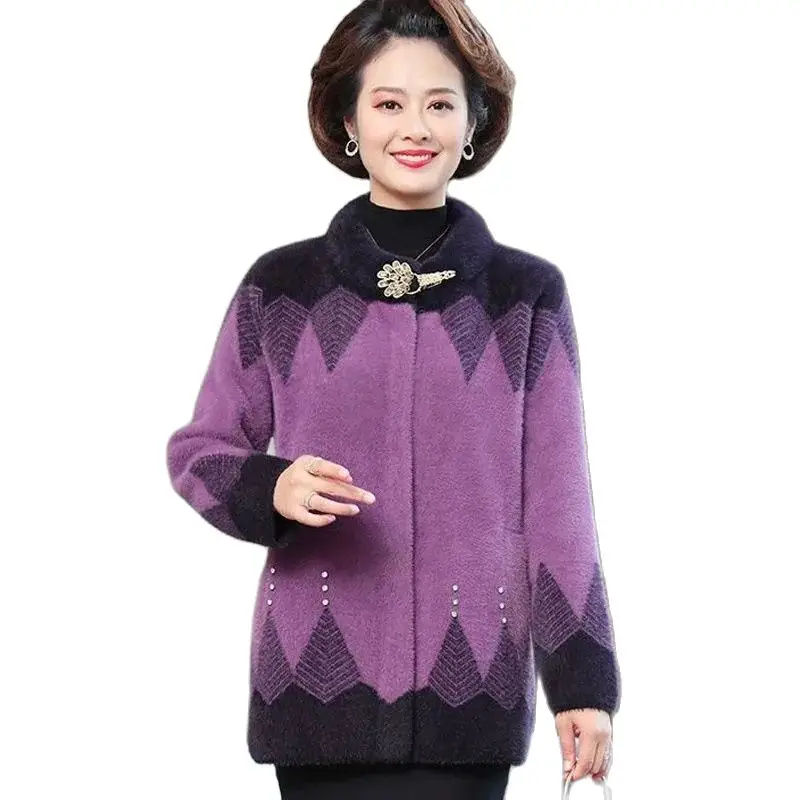 Fashion Faux Mink Fleece Outerwear Autumn Winter Women's Woolen CoatMiddle-Aged Elderly Mothers Mid-Length Casual Jacket Tops