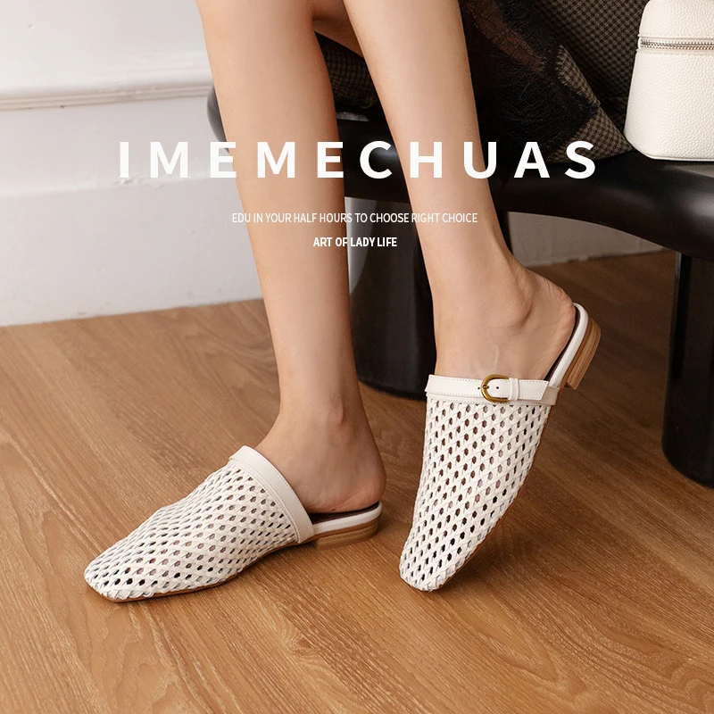 Women Shoes Summer Simple Shoes Weave Half Slippers Square Toe Girls Flats Korea Style Crystals Mules Elegant Daily Shoes