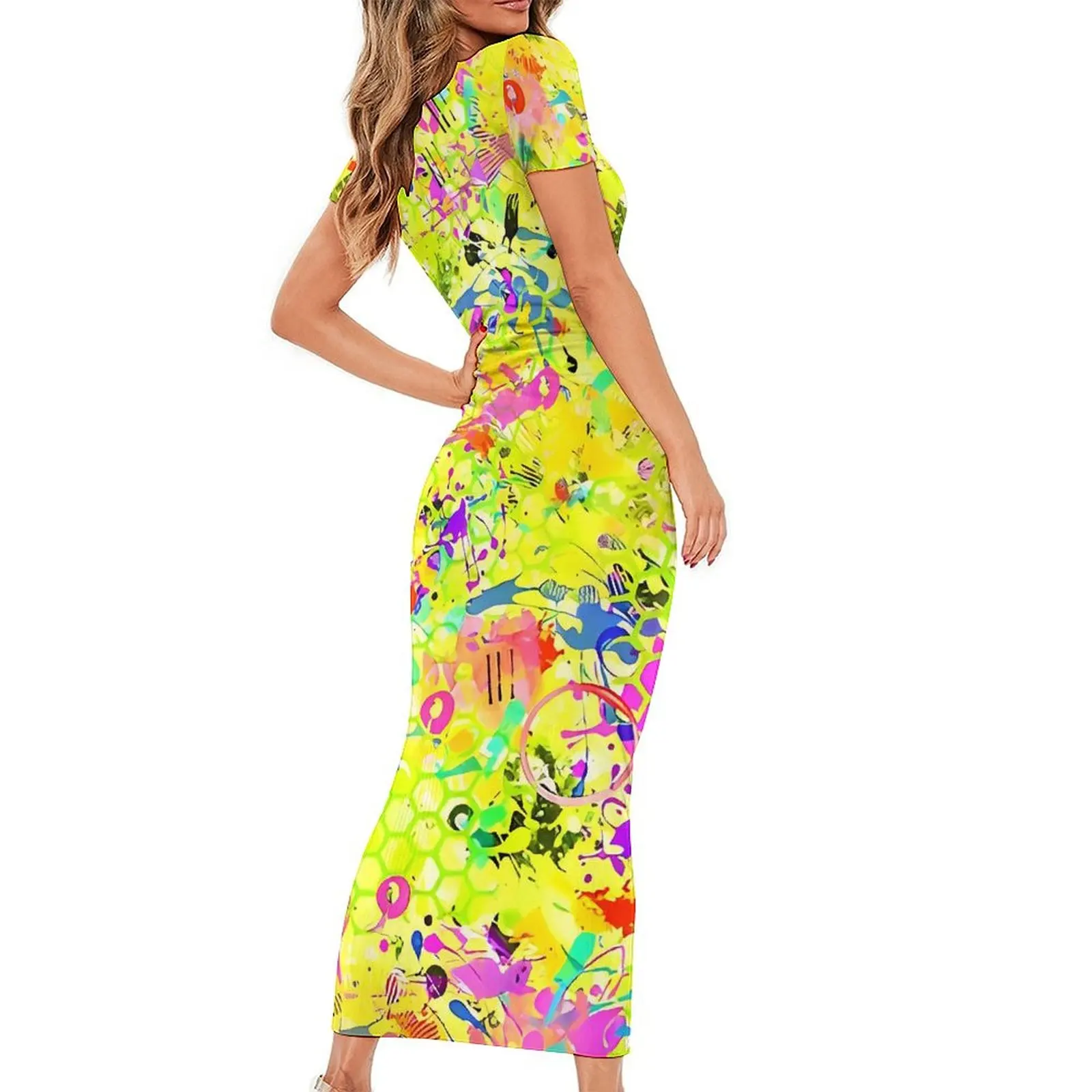 Graffiti Colorful Print Dress Female Street Wear Bodycon Dress Summer Short Sleeve Vintage Maxi Dresses Custom Oversize Vestidos