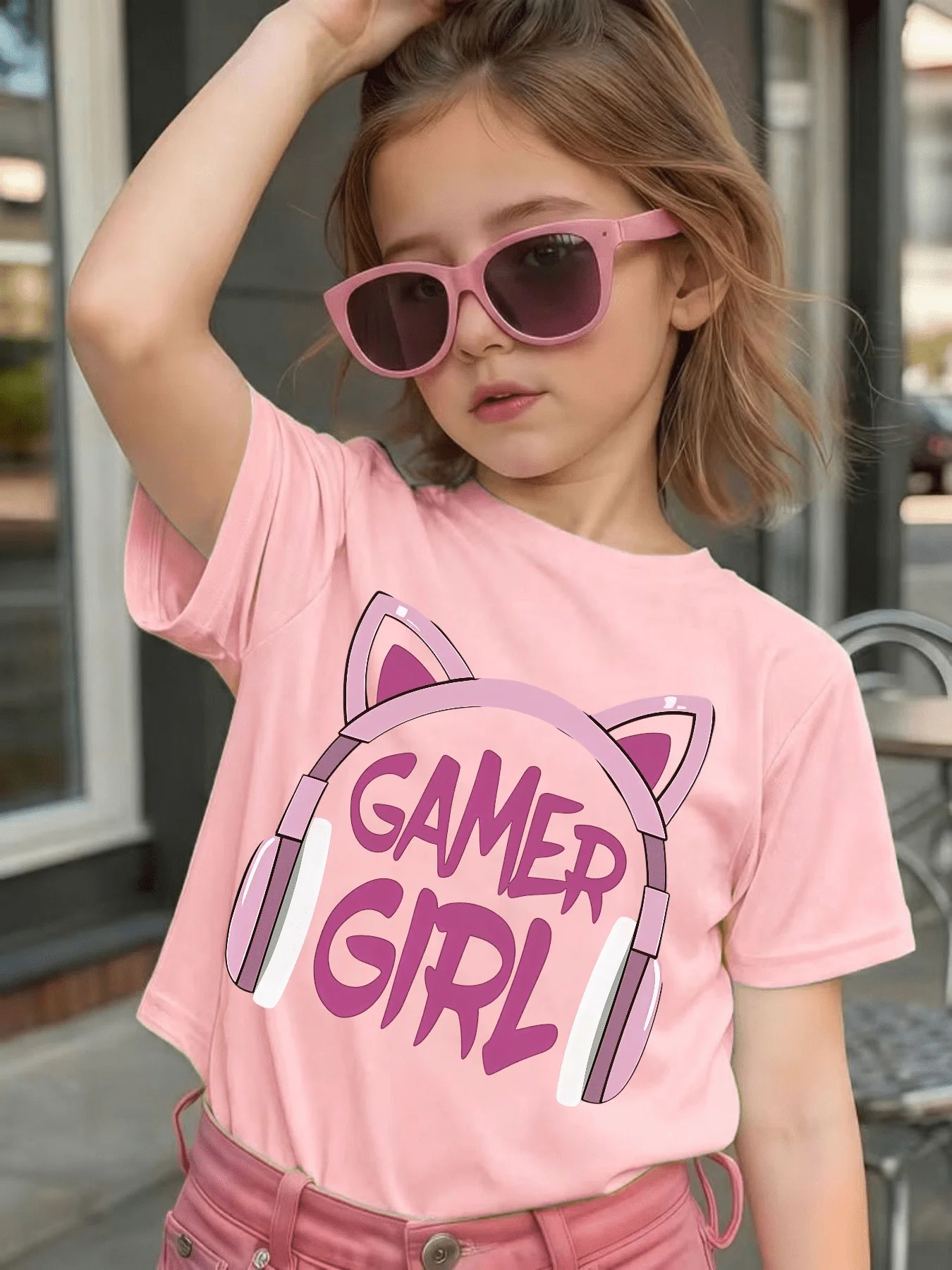 Gamer Girl Cat Ear Headphone Letter Print T Shirt Boys Girls Family Match Cotton Short Sleeve Summer Children Casual Basic Wear