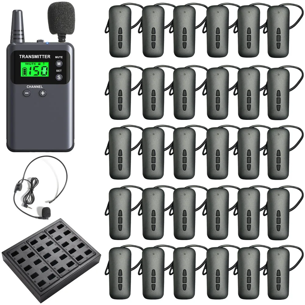 Wireless Audio Guide System 1 Transmitter with 2 Microphones, 30 Receivers 1 Charger for Simultaneous Interpretation Teaching