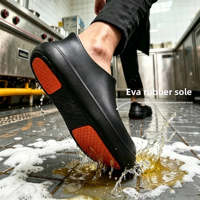 Non-Slip Chef Shoes for Both Men and Women Lightweight Comfortable Slip-On Wooden-Soled Shoes Easy Clean Non-Slip Kitchen Shoes