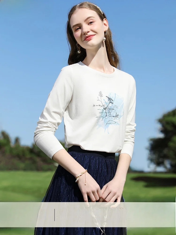 

Футболка Cool Sensation Long Sve, женская футболка с диффузией белых водяных чернил и принтом, облегающий круглый топ из смеси хлопка и полиэстера