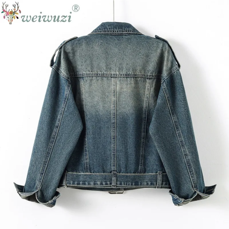 Y2K Vintage Cropped Denim coat Jacket for Women Turn‑down Collar With Buckle Waist Long Sleeve Streetwear Casual Jeans Outerwear