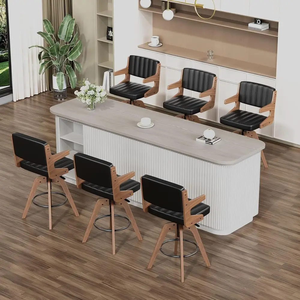 

Set of 6 Adjustable Swivel Bentwood Bar Stools with PU Leather Upholstery, Armrests, and Footrests for Kitchen Island or Dining