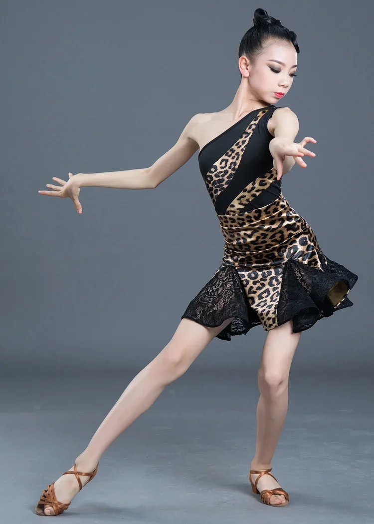 1pcs/lot children sexy one shoulder leopard latin dance dresses girls dress girl show performance chacha dancing dresss