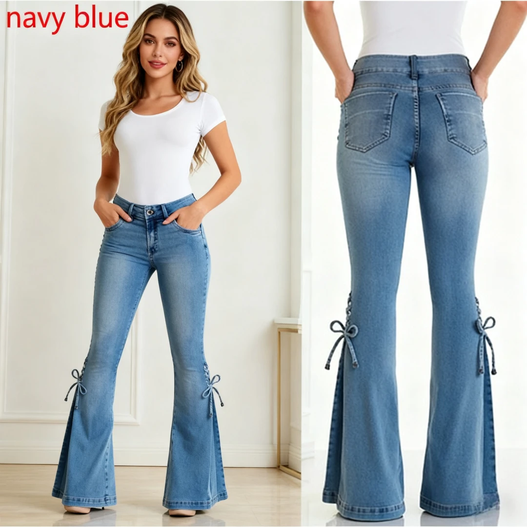 Women Jean Flare Pants Washed Denim Pants 2025 Zipper Fly Loose Fit Pockets High Waist Basics Lace Up Vintage Solid Full Length