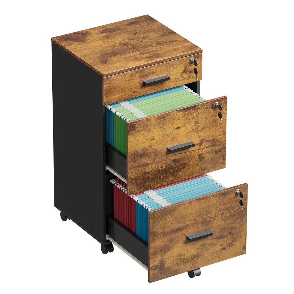 3 Drawer File Cabinet with Lock & Wheels, Wood Printer Stand