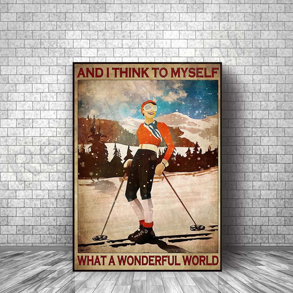 Ski poster, ski lovers, vintage skier poster, girl goes skiing, wall decoration