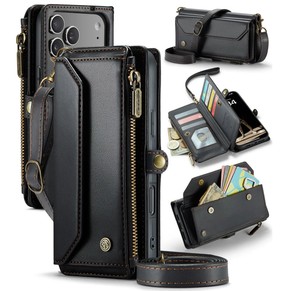 

For New iPhone 17 Pro Max 10-Card Leather Case RFID Crossbody Zipper Wallet Book Coque iPhone 17 Air 17Pro ProMax Flip Cover
