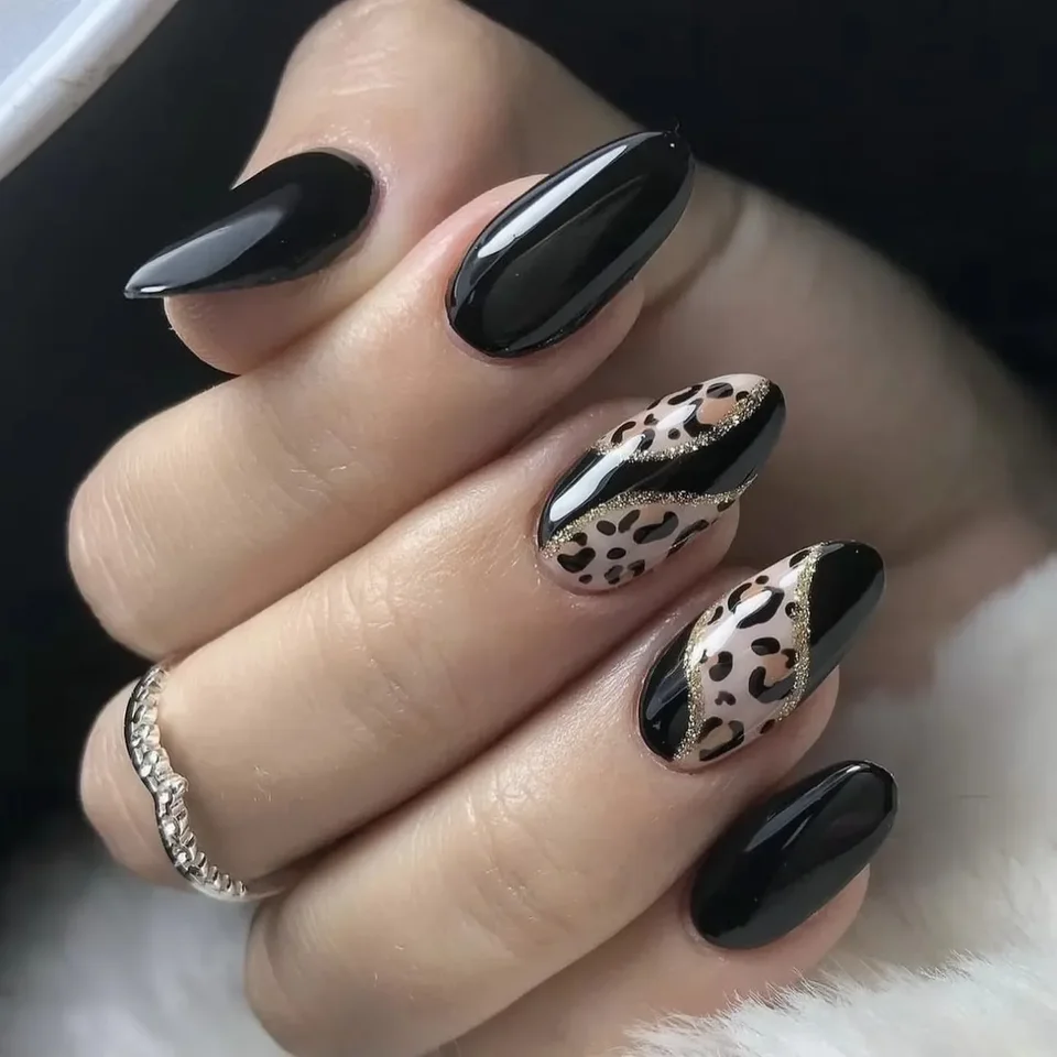 Uñas postizas largas puntiagudas con estampado de leopardo, decoradas con cerezas, flores, corazones y bailarinas, estilo almendra 5
