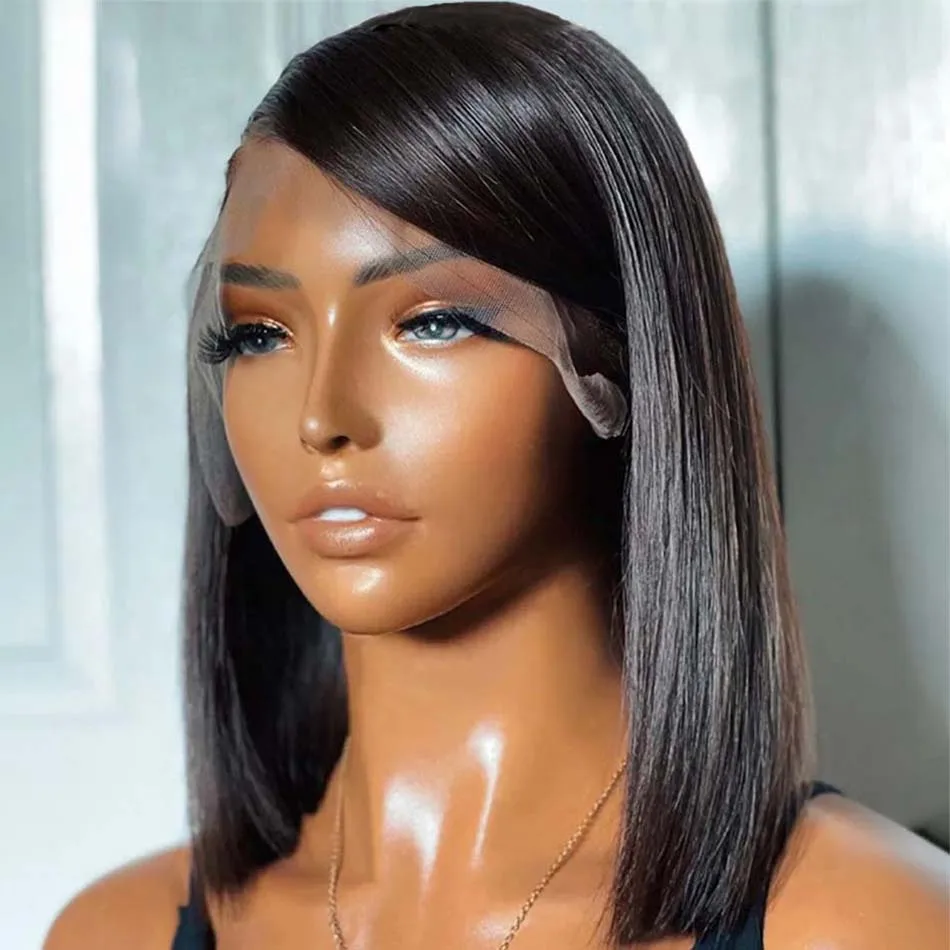 Venta de liquidación, peluca Bob de cabello humano 13x4, encaje Frontal recto, pelucas de cabello prearrancado de 10-14 pulgadas, pelucas rectas de hueso Remy peruano
