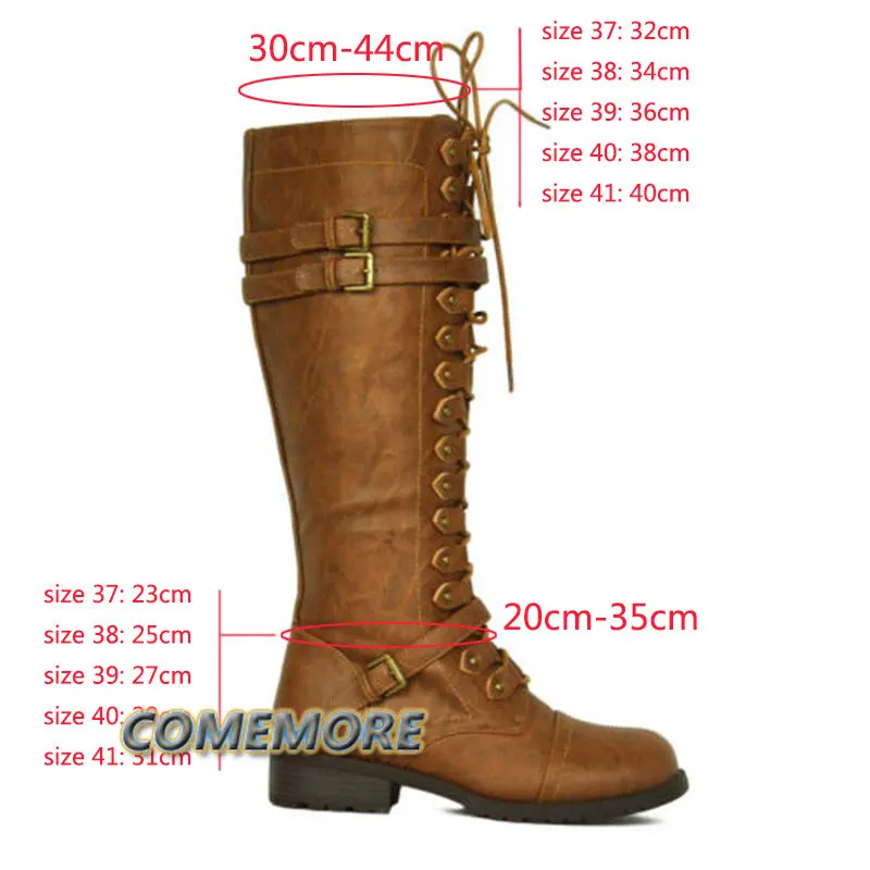 Knee High Women Boots Autumn Woman Shoes Winter Lace Up Vintage Flat Shoes Sexy Steampunk Leather Retro Buckle Ladies Snow Boots