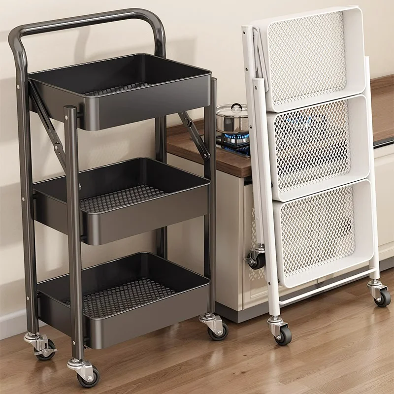 Foldable 3 Tier Kitchen Trolley Metal Rolling Storage Cart No Assembly Required Lockable Wheels Black White Multifunctional
