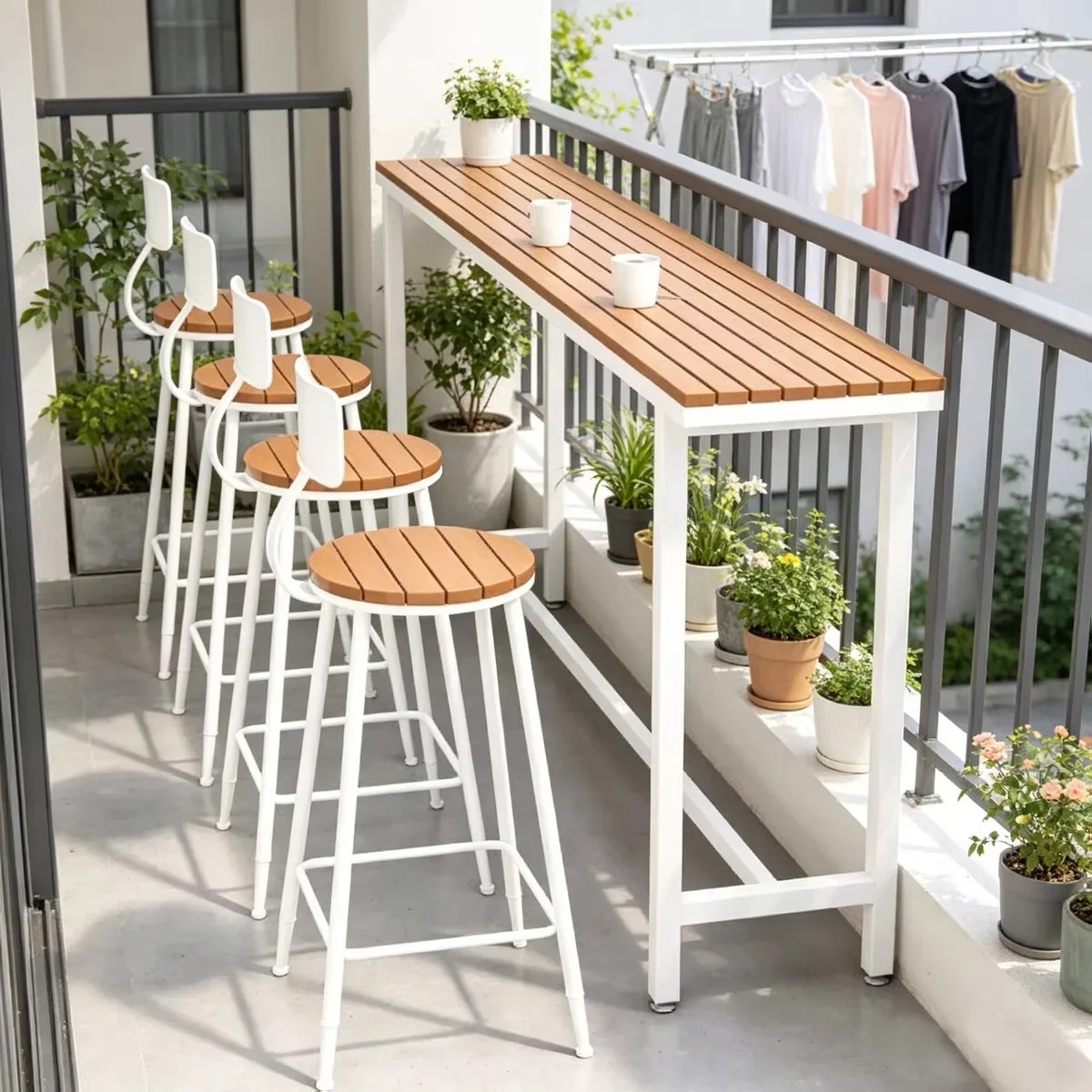 Outdoor high-footed tables and chairs Balcony window Open-air waterproof sunscreen coffee bar long table chairs