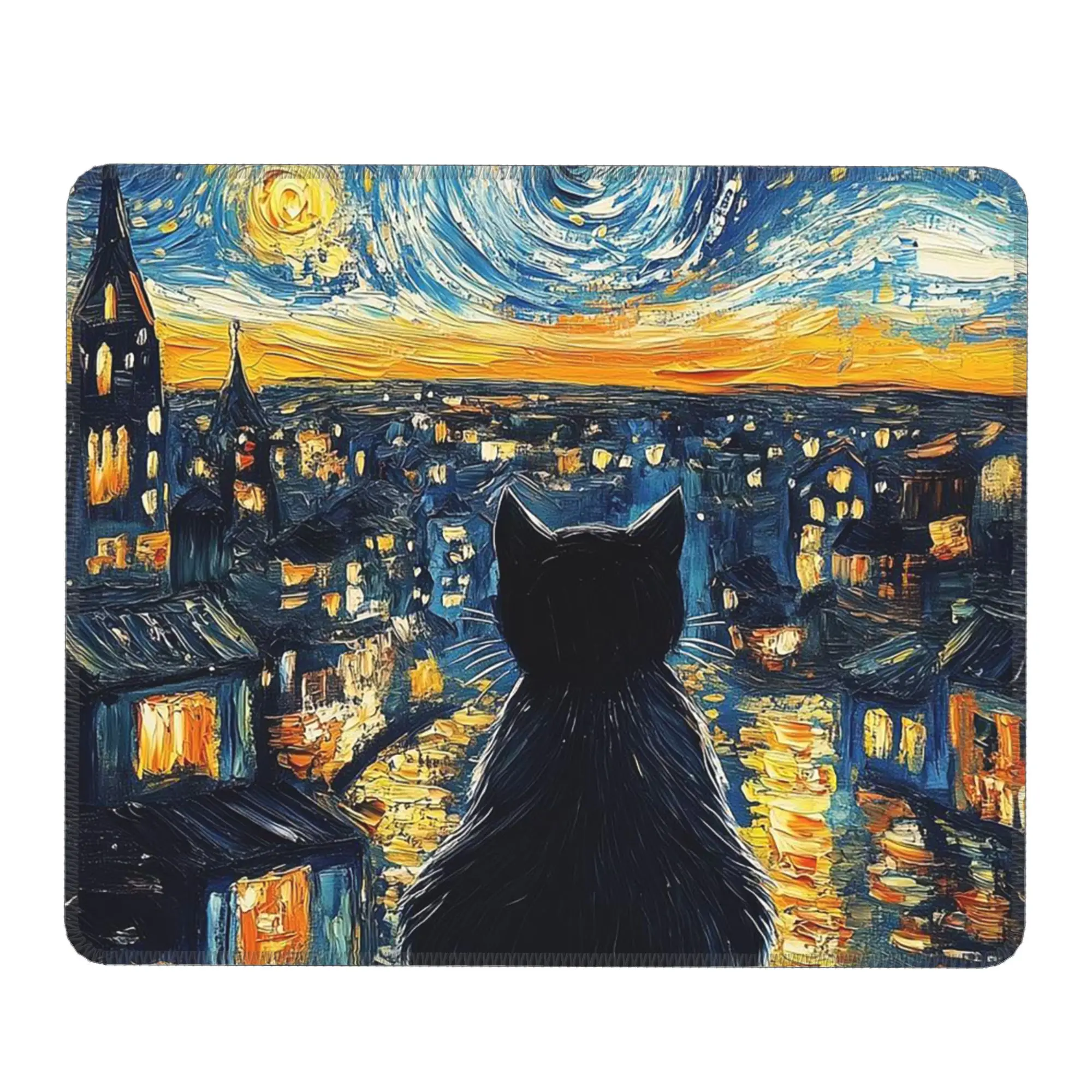 Black Cat Looks The Starry Night Anime Mouse Pad Computer Keyboard Mouse Mat Gaming PC Laptop Desk Mat Office Table Mats