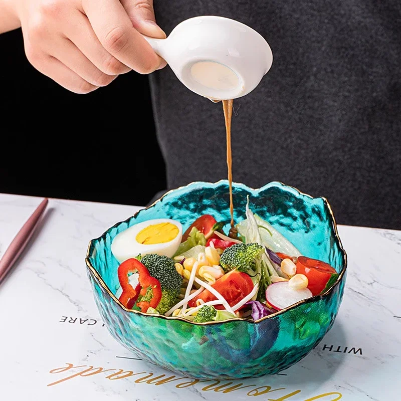 Irregular Gold Inlay Edge Glass Salad Bowl Fruit Rice Serving Bowls Food Storage Container Lunch Box Decoration Tableware