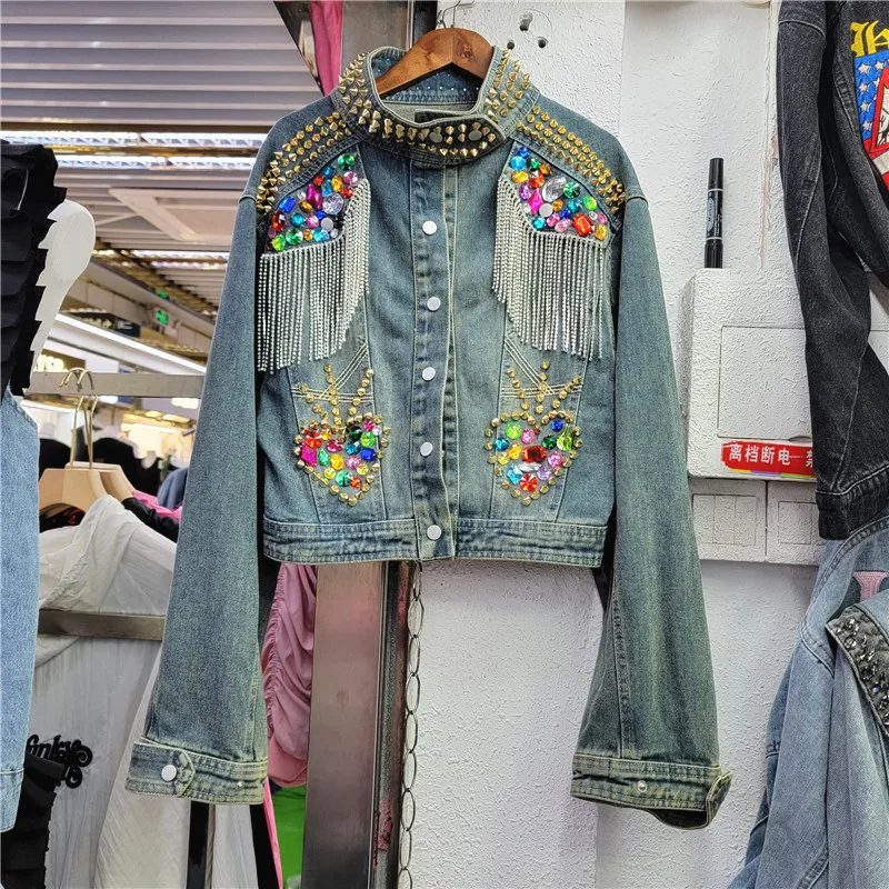 

2023 Spring/Summer New Western Heavy Industry Love Beaded Tassel Design Sense Denim Coat Women's Trend jackets