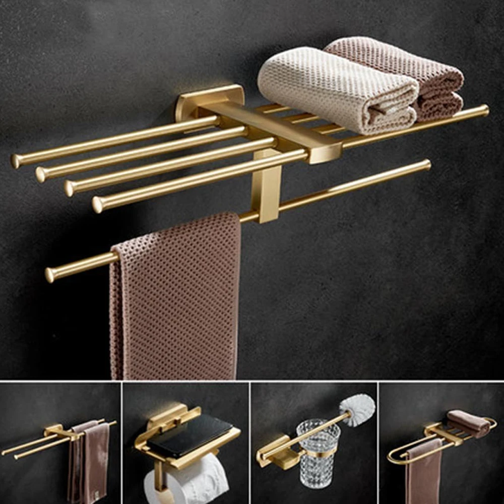 All Brass Brushed Gold Bathroom Towel Rack Towel Rack  Bathroom Storage Rack Light Luxury Bathroom Hardware Pendant Set