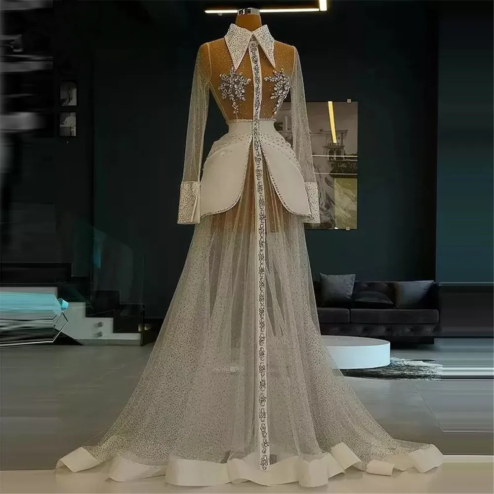 Long Sleeves Prom Dresses A-line Tulle Beaded Dubai Saudi Arabia Prom Gown Evening Robe De Soiree Haute Couture Customized