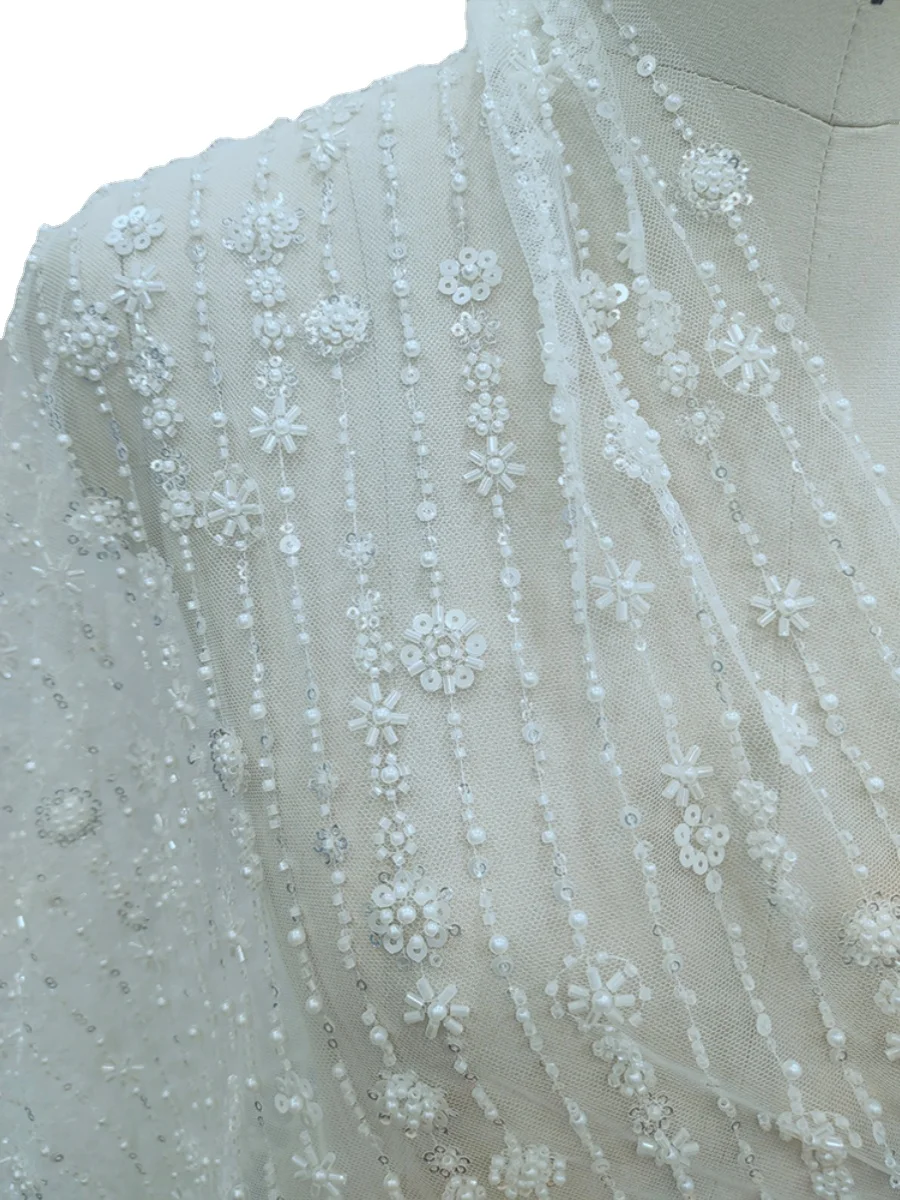 Milk White Sequins Beading Cloth, Bridal Dress Accessories, Striped Flower, 3D Lace Fabric