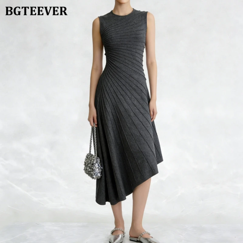 

BGTEEVER Irregular Sleeveless Pleated Knitted Dress for Women Slim Waist Maxi Dresses Summer