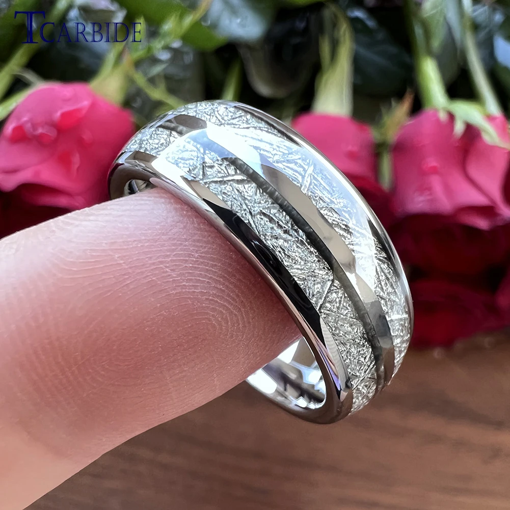 8MM Womens Mens Bright Meteorite Ring Tungsten Wedding Band Domed Polished Nice Gift Jewelry Comfort Fit