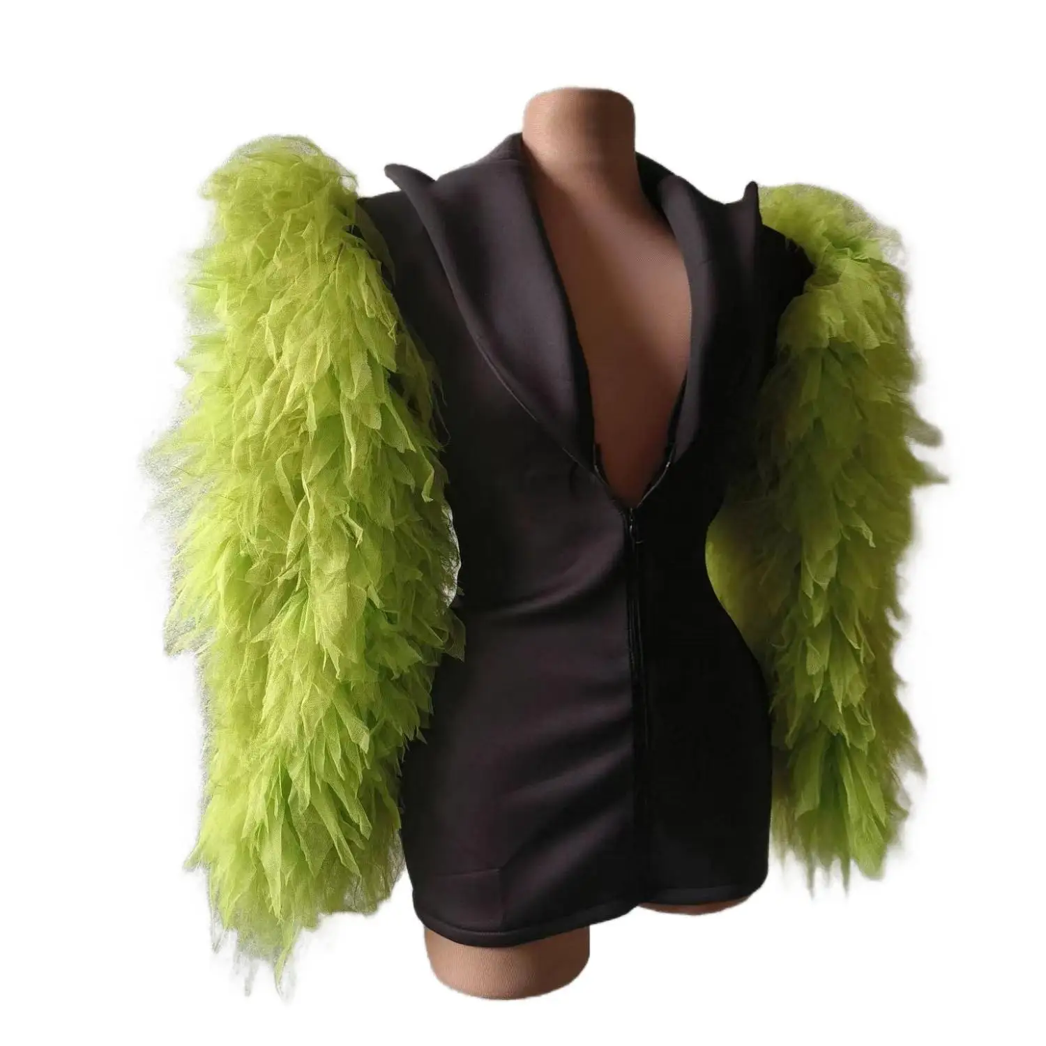 Women Big Green Mesh Sleeves Jacket Sexy Singer Dancer Dress Nightclub Jazz Dance Costume Performance Show Stage Wear Xizhuang