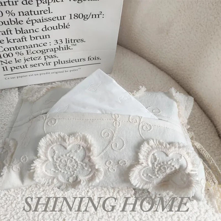 French Lace Embroidered Tissue Box Cover Fabric Hanging Car Tissue Holder Shabby Chic Paper Napkin Case for Room Desktop Storage
