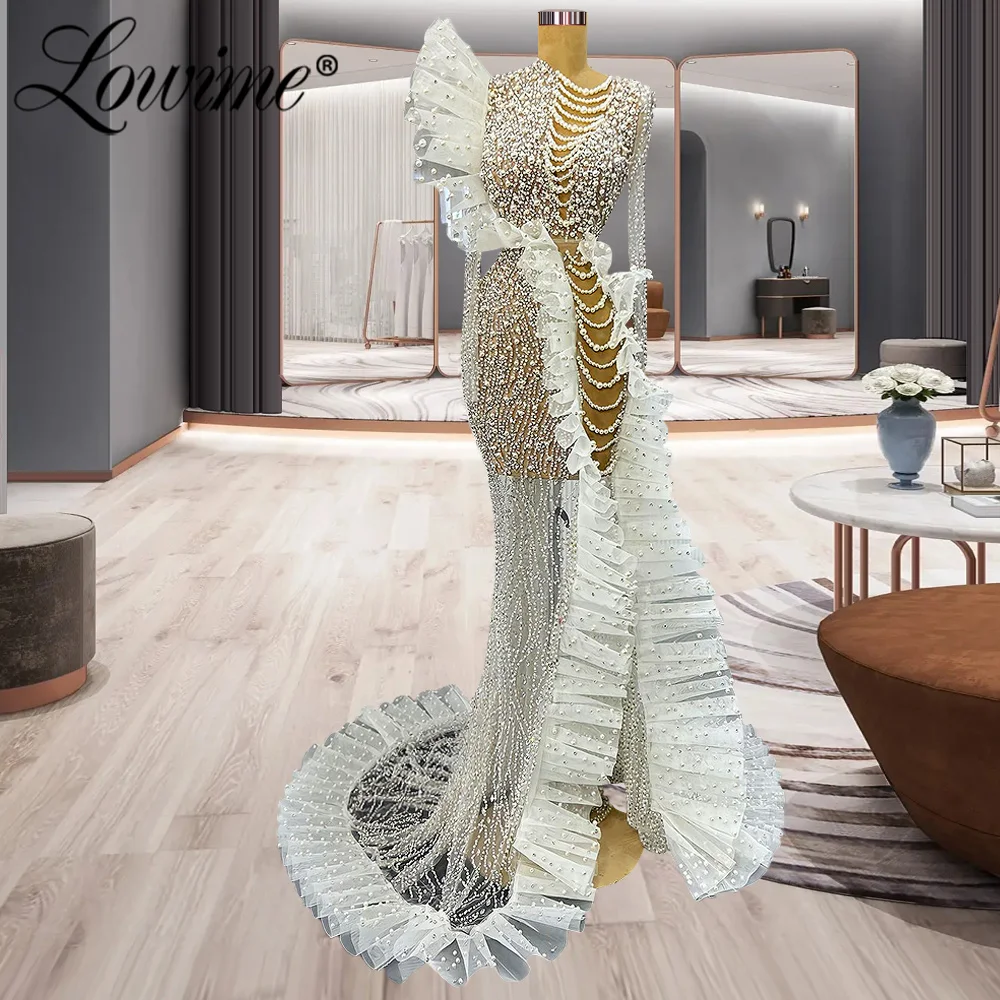 

Lowime Pearls Beading Elegant Evening Dresses For Women Arabic See Through Celebrity Dress 2023 Robe Mermaid Wedding Party Gowns