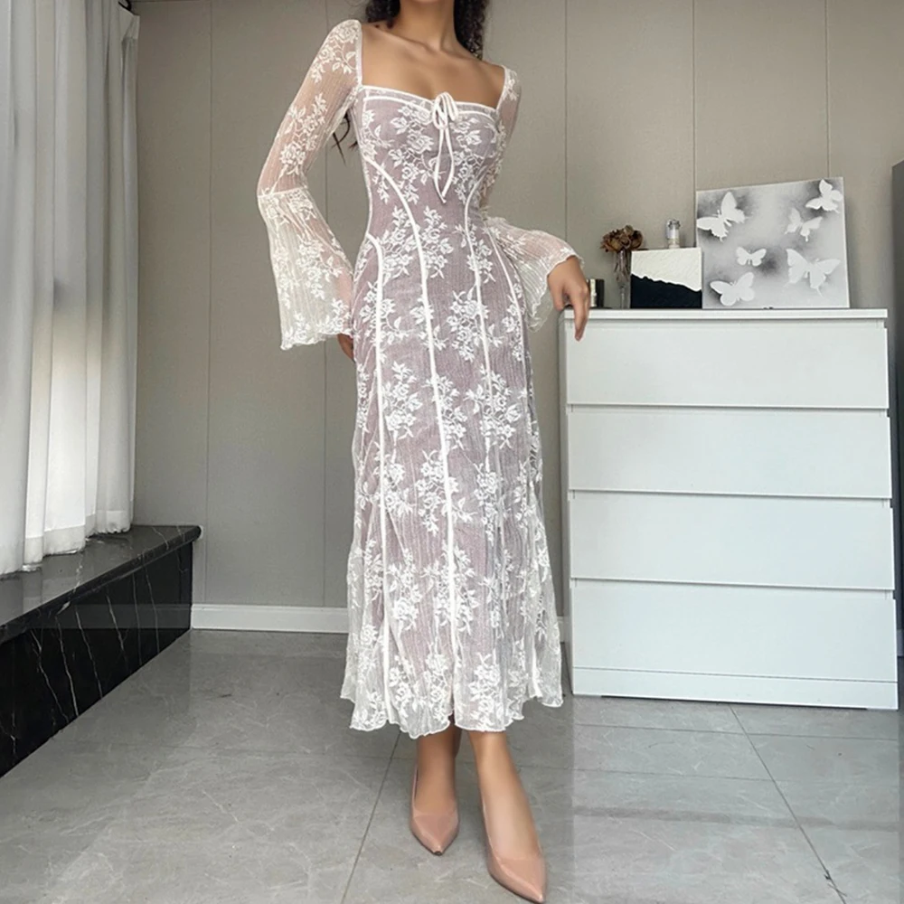 فستان أنيق من الدانتيل برقبة على شكل حرف V مجوف على الطراز الفرنسي للنساء بتصميم التخسيس مجموعة جديدة للربيع/الصيف