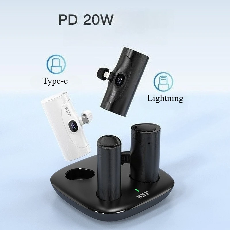 

For IPhone 13 Compact Portable Capsule Mini Mini Tail Plug Power Bank 5000mAh Straight Plug Charging Base Combination Set