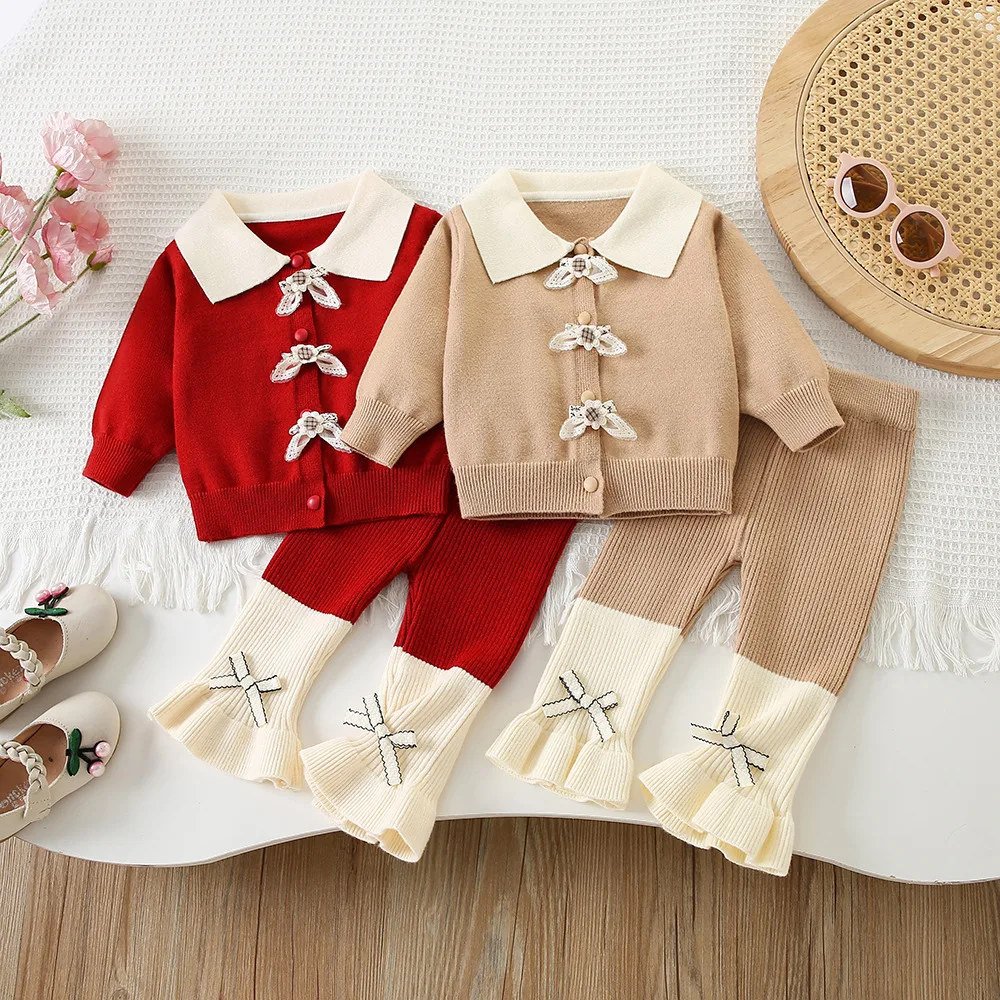 New Autumn Winter Infant Baby Girls 2PCS Knit Set, Sweet Stylish Floral Knit Cardigan Matching Knitted Flared Pants Outfit