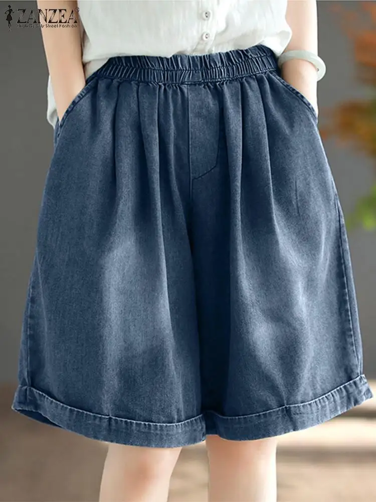 ZANZEA Summer Jeans Trousers Fashion Shorts Women Vintage Wide Leg Denim Blue Pantalon Casual Elastic Waist Solid Short Pant