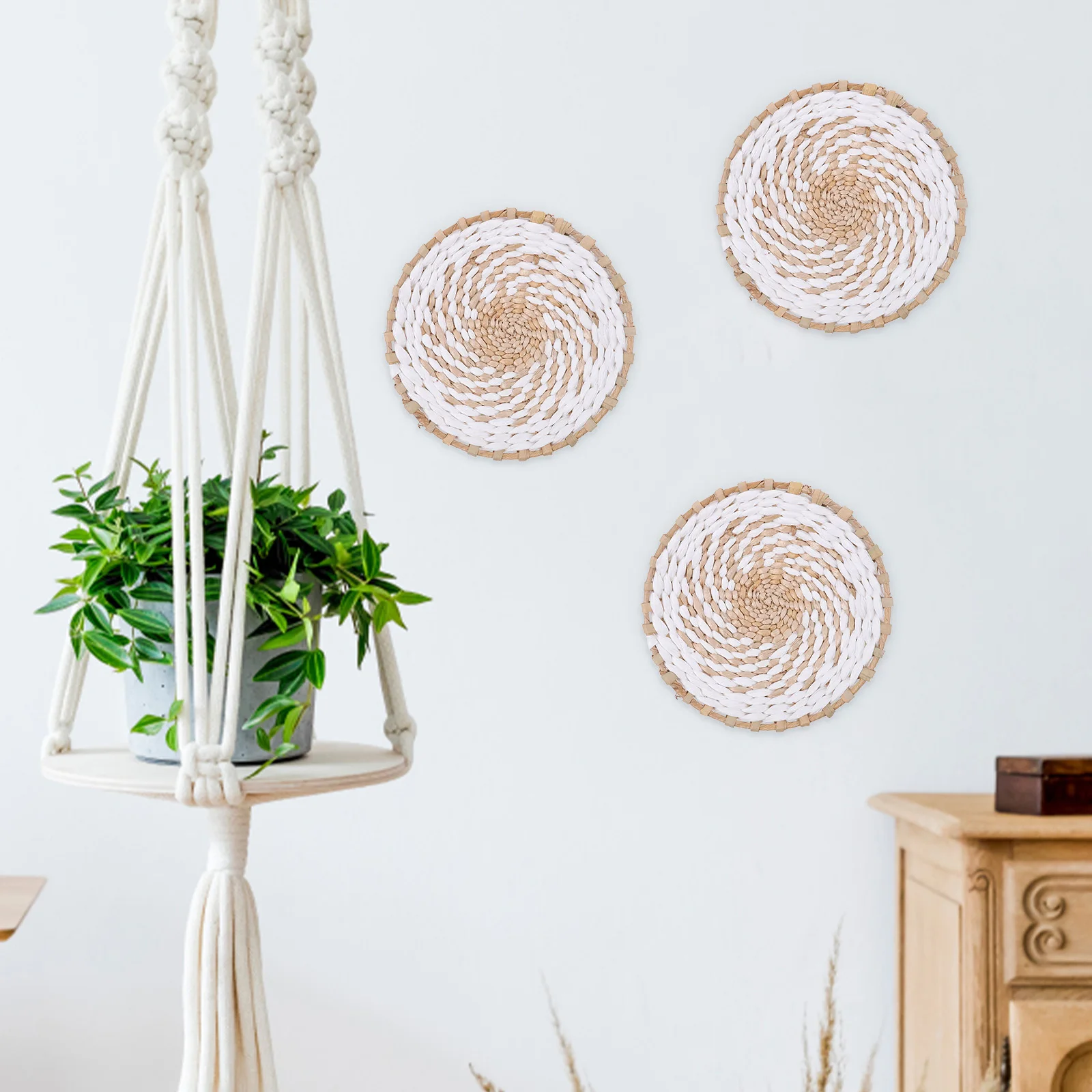 

Rattan Basket Wall Decor Bohemian Style Woven Straw Round Plates Hanging Baskets Grass Wall Art Home Bedroom Garden Balcony