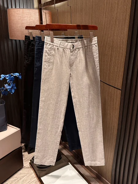 

High Quali Linen Men's Casual Pants Breathable Moisture ng f Elastic Waist Straight Leg Busin Gentleman Sle