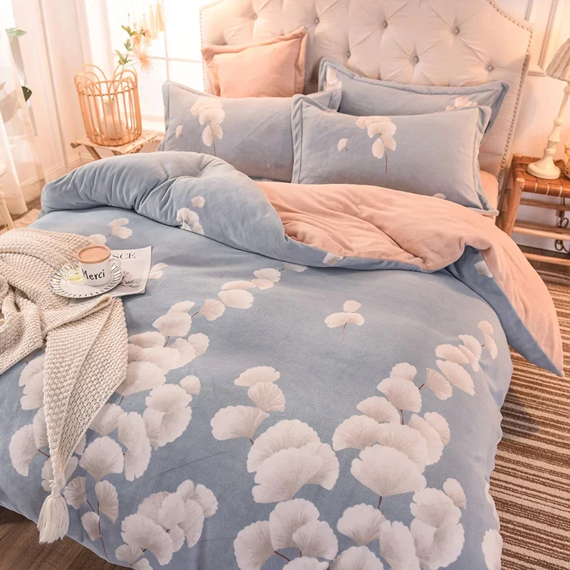 Thickened Milk Fiber Four-Piece Set Winter Coral Fleece Double-Sided Plush Flannel Velvet Duvet Cover Bedding Fitted Sheet