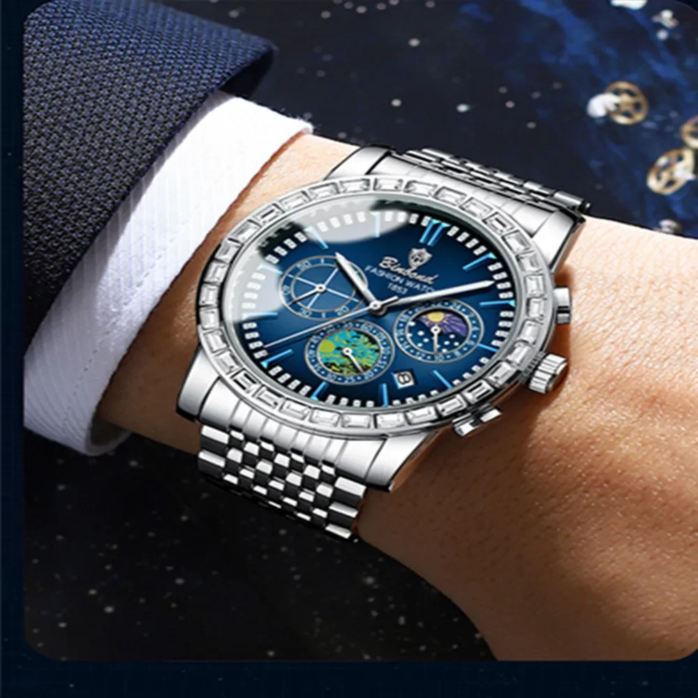 Binbond 8632นาฬิกาผู้ชายแฟชั่นใหม่ใส่สบายๆสายรัดเหล็กทึบไฟกลางคืนแสงจันทร์กันน้ำดาวนาฬิกาควอทซ์2024