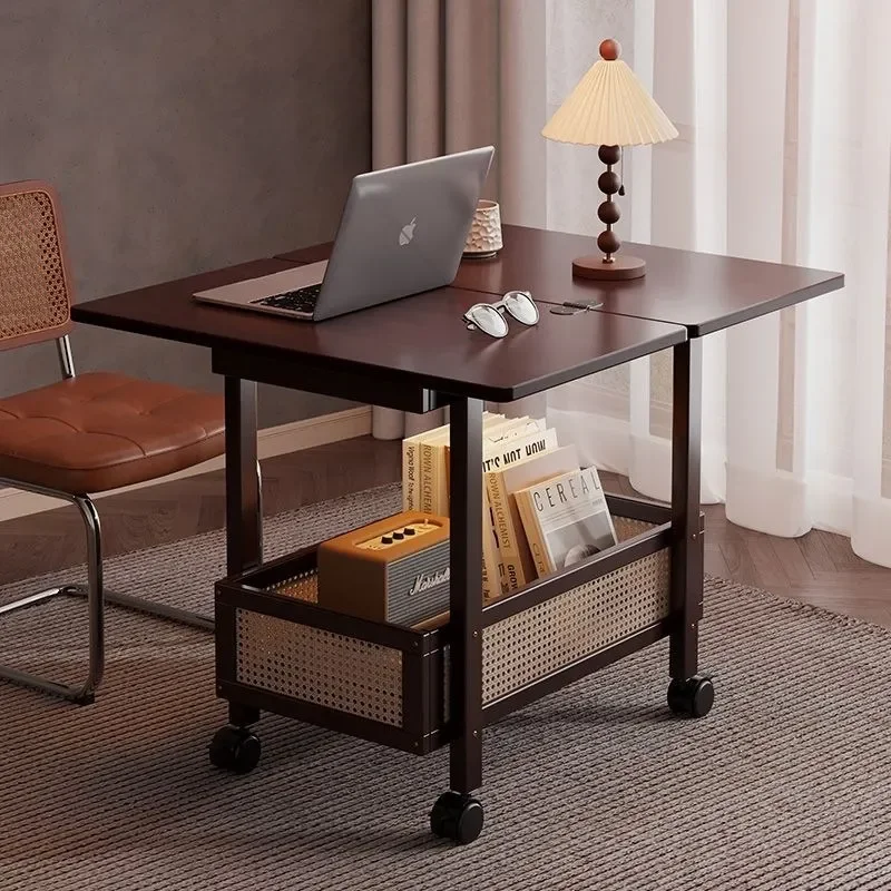 for Medieval Rattan Folding Coffee Table with Wheels Removable Storage Side Table Lazy Computer Desk for Living Room Sofa