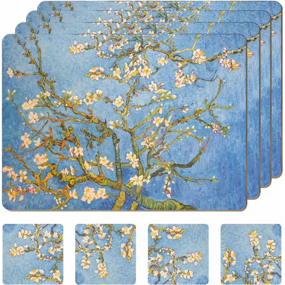 

4-Piece Heat-Resistant Cork Placemats with Matching Drink Coasters - Van Gogh Blue Botanical, 16x12 Inches