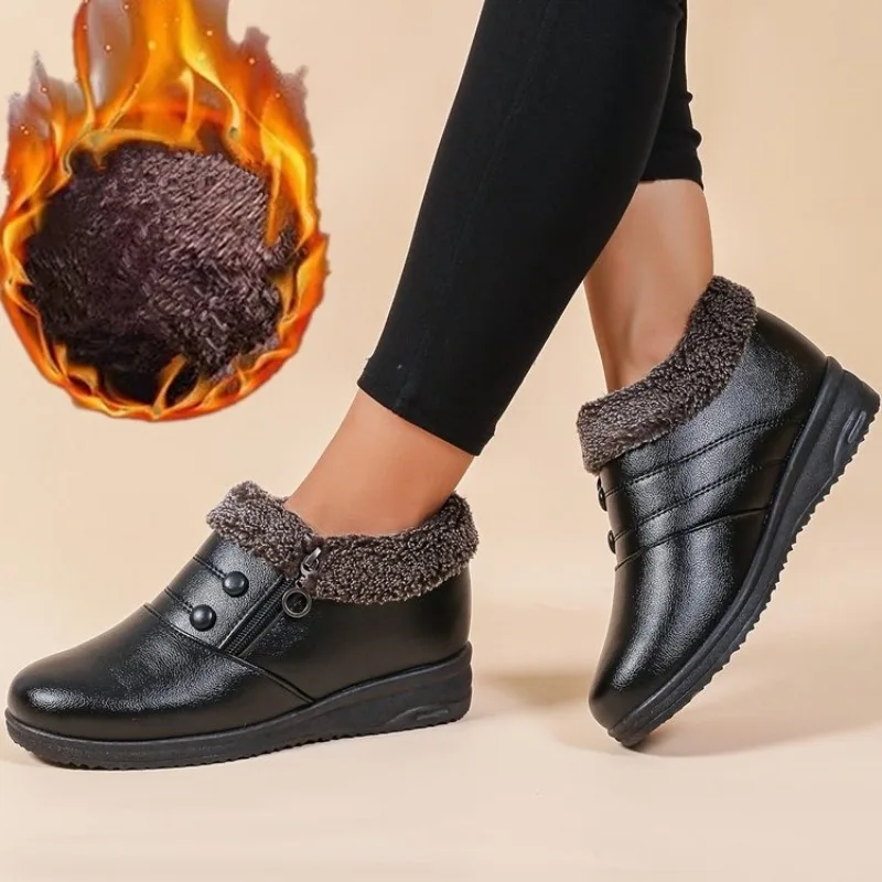 

Fashion Winter Women Ankle Boots PU Leather Female Thick Plush Warm Snow Boots Mother Waterproof Non-slip Booties Luxury 41