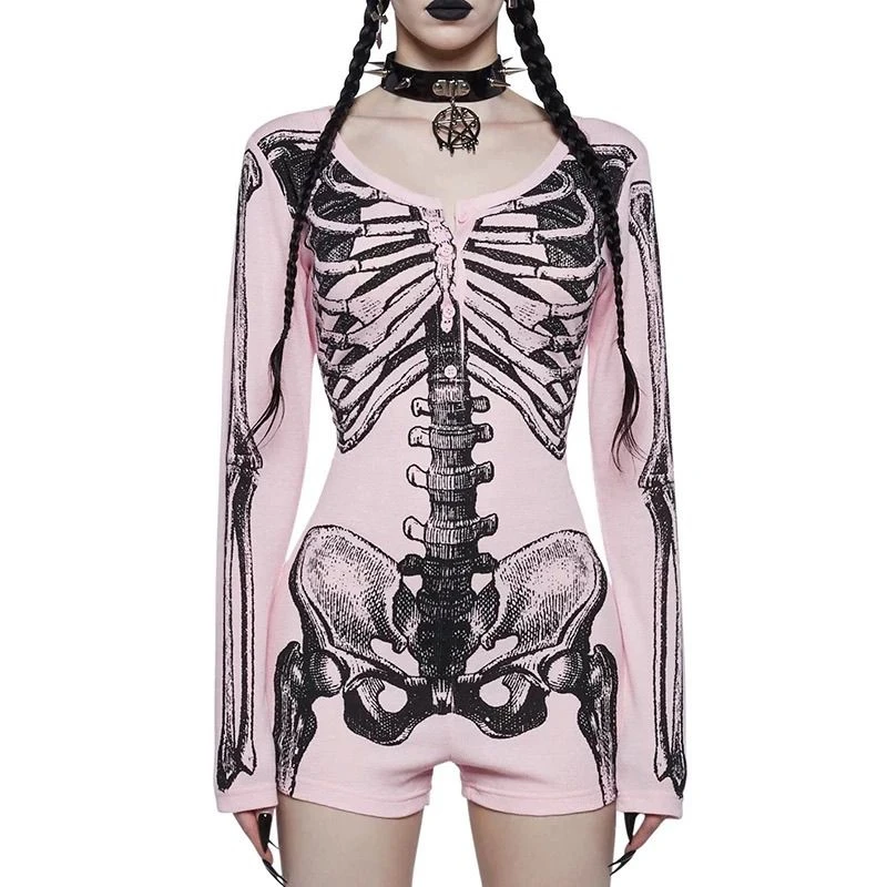 Streetwear Skull Printing Jumpsuits Shorts for Women Y2k Aesthetic Bodycon Tees 2025 Ropa Mujer Grunge Single Breasted Tops