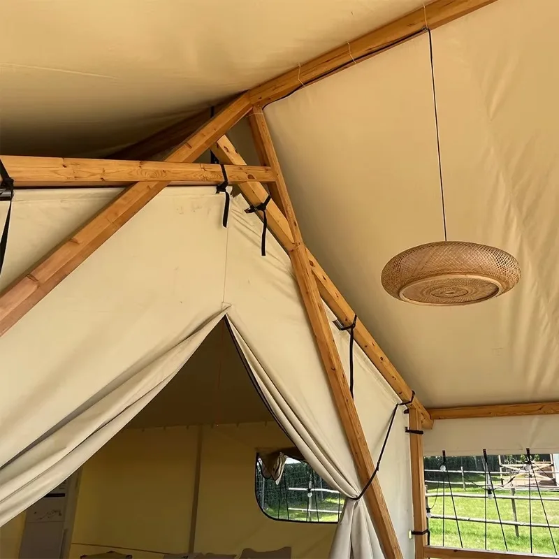 Carpa de Lujo para Camping Safari con Estructura de Acero, Doble Capa, Estufa y Toldo, Casa de Glamping Estilo Hotel, Personalizable