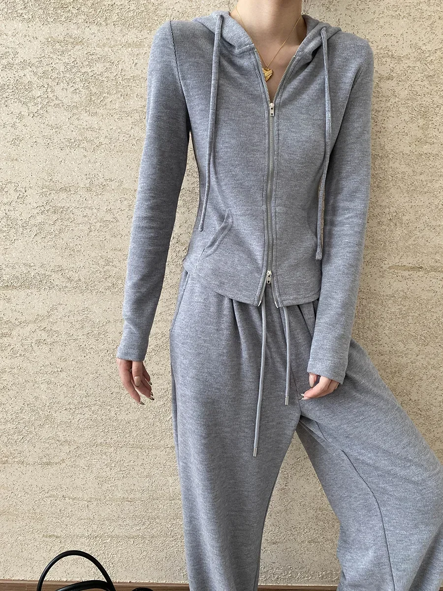 Fashionable pinch waist style gray gray hooded double zipper jacket and casual pants two sets