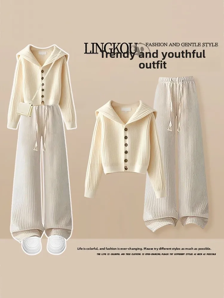 

Мягкий вязаный топ с воротником в морском стиле и свободные повседневные брюки: комплект из двух предметов для женщин, осенний сезон, удобный модный наряд