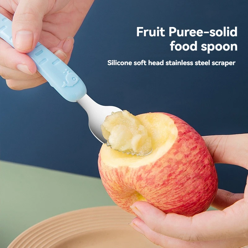 Baby Food Scraper Spoon - Dual-Head Apple Puree Maker & Fruit Peeler, Silicone Infant Feeding Tool with Easy Clean Desi