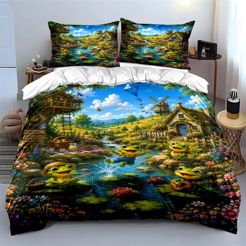 Frogs cheerful countryside gathering Printed Duvet Cover Set 1 Duvet Cover+2 Pillowcase Multi Size Bedroom Bedding Decoration