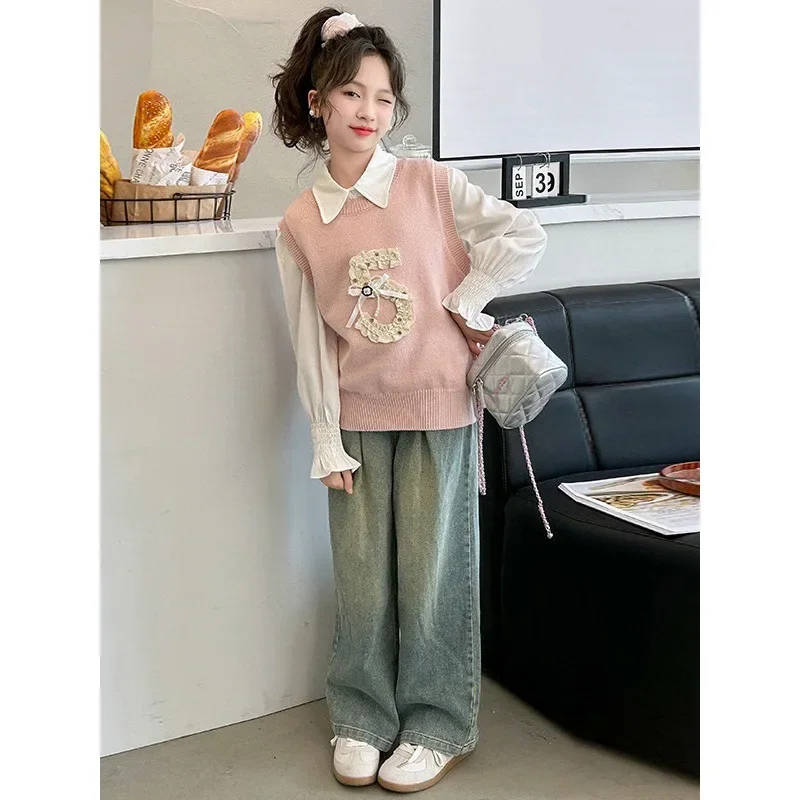 

Baby Girl Clothes Suit Girls Spring Kit 2024 New Fashion Children Fashion Spring Children Shirt Knit Waistcoat 3-piece Set