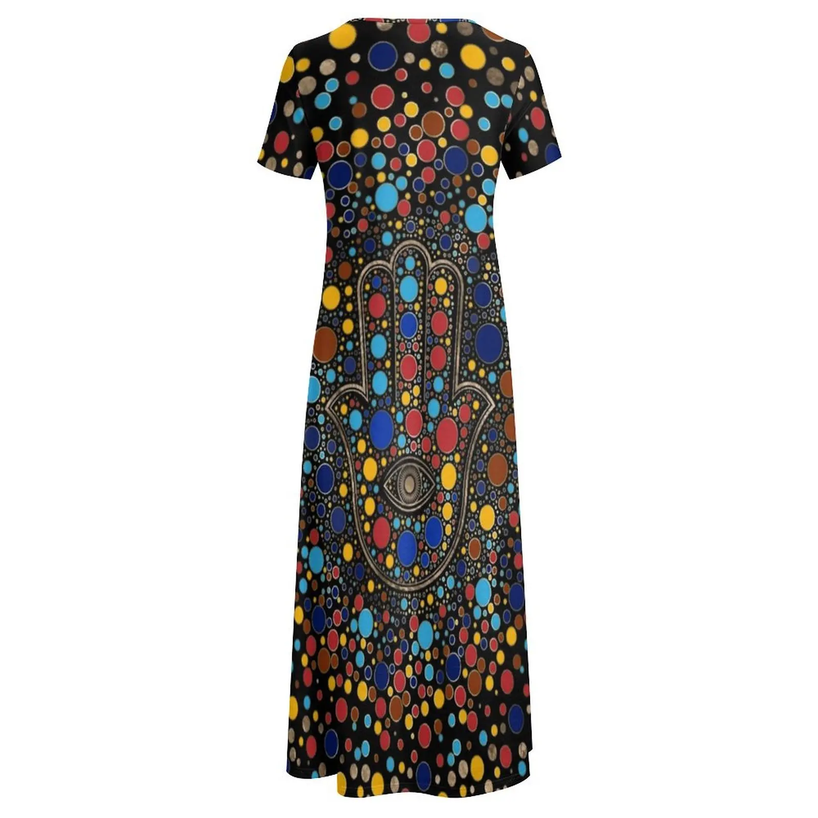 Hamsa Hand Print Dress Colorful Dot Art Kawaii Maxi Dress Womens Short Sleeve Fashion Boho Beach Long Dresses Big Size 6XL 7XL