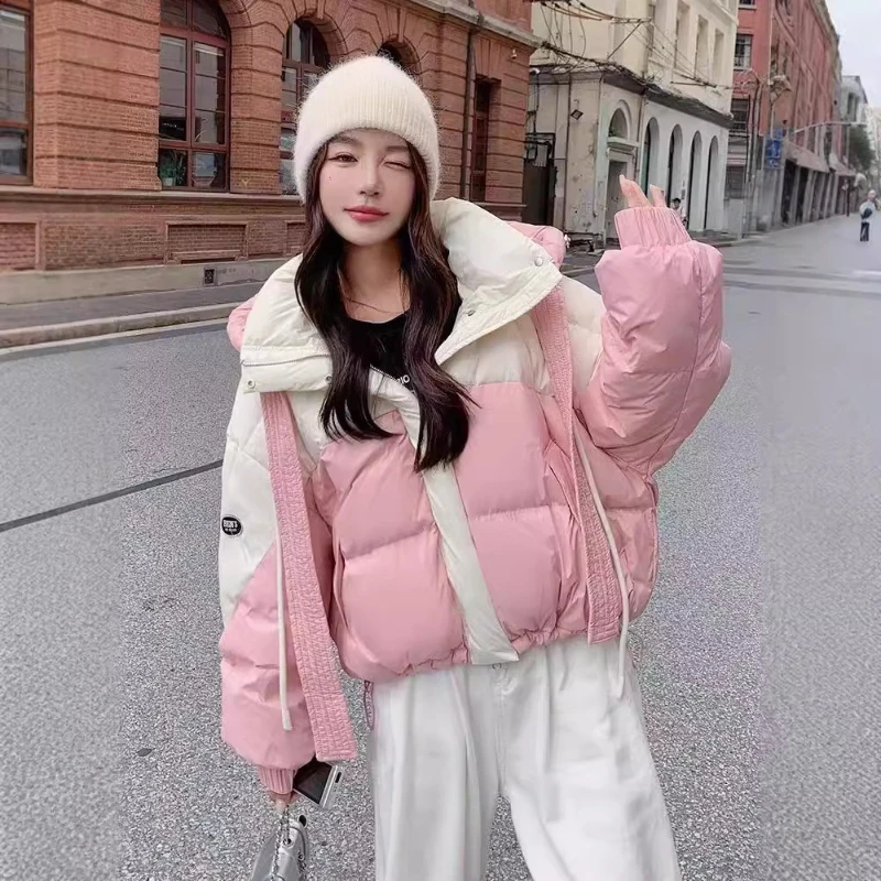 

Women's Winter Jacket Short Puffer Coats Color Clash Patchwork Streamer Bakery Clothes Thickened Loose Warm Snow Down Jackets